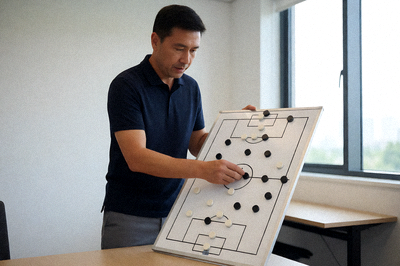 足球战术分析板，教练在战术板上用磁石棋子演示阵型布置